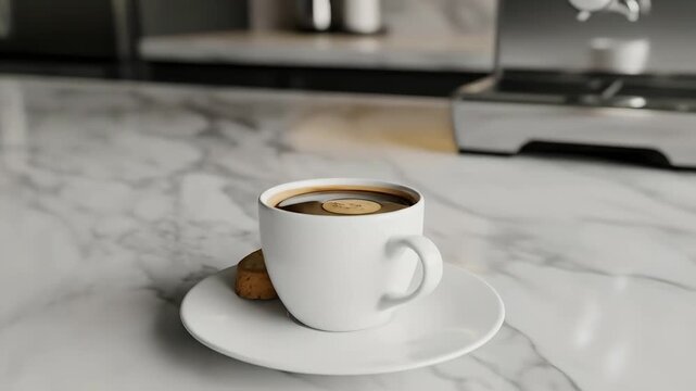 Aromatic coffee cup on marble countertop with biscotti by stainless steel espresso machine. Perfect morning routine, cafe scene, or lifestyle concept. Food, drink, Italian tradition.