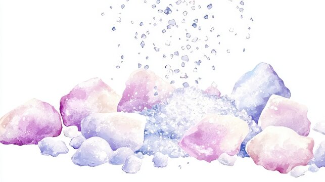 Twinkling salt flakes raining down gently, crystalline structure glistens, pure simplicity for seasoning labels