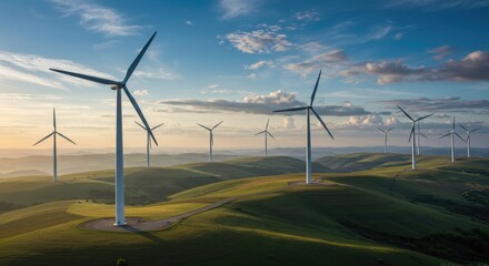 Scenic view of wind turbines on green hills under a blue sky creating clean energy