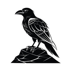 Detailed thin line art illustration of a raven perched serenely on a textured rock formation
