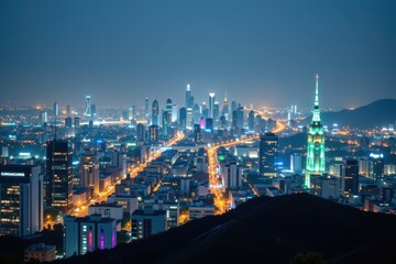A crystal clear blue cityscape at night with focus on the city lights from a high vantage point.
