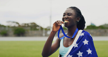 Runner, black woman and medal with USA flag, bite or excited for success with victory at global...