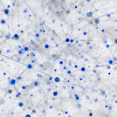Abstract network of interconnected blue and light gray spheres