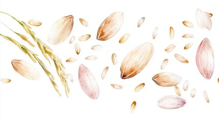 Flying rice grains forming artful patterns, delicate balance between chaos and order, cultural significance for Asian cuisines