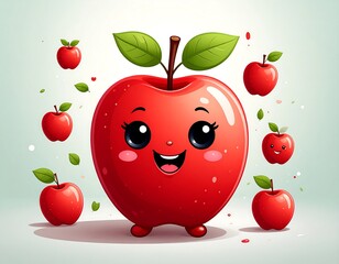 Cute cartoon apple with leaves and other apples