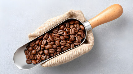 Obraz premium Studio Shot Heap of Roasted Coffee Bean in Scoop with Sack. Ai Generated Images