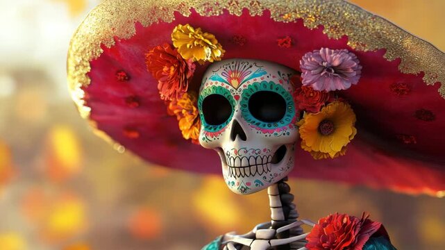 Colorful skull decoration with vibrant floral patterns and large festive hat, skeleton celebration featuring intricate autumn design and bright flowers symbolizing cultural festive spirit