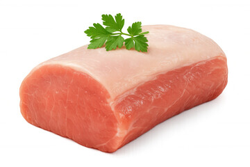 Raw pork tenderloin garnished with fresh parsley, resting on clear surface, ideal for culinary imagery