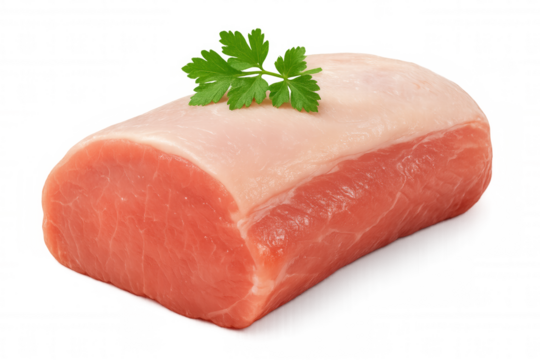 Raw pork tenderloin garnished with fresh parsley, resting on clear surface, ideal for culinary imagery