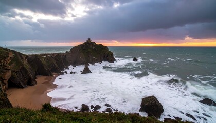 Dramatic coastal sunset over rocky outcrops