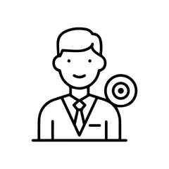 Line art icon of a smiling businessman with a notification symbol.