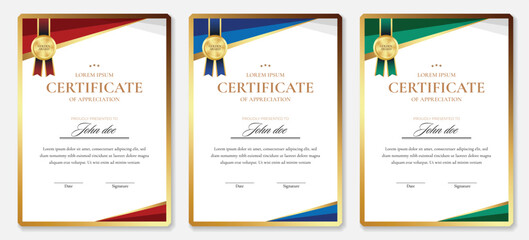 Elegant Certificate Templates with Gold Frame and Ribbon in Red, Blue, and Green Designs