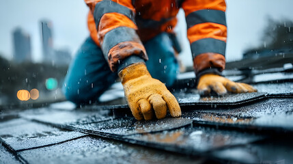 Close Up Roofer Worker Repairing Roof Tiles in The Rain Day. Ai Generated Images