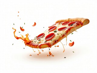 Falling Italian pepperoni pizza on white background