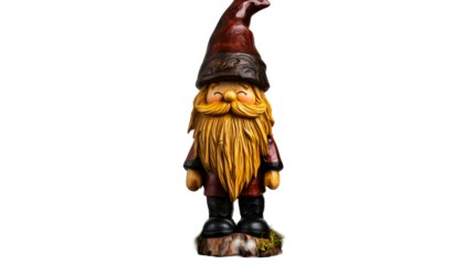 Hand carved wooden gnome figurine with long beard and pointy hat, cut out transparent