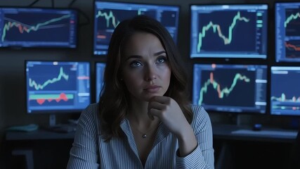 Thoughtful woman analyzing stock market data on multiple computer screens in office - Powered by Adobe