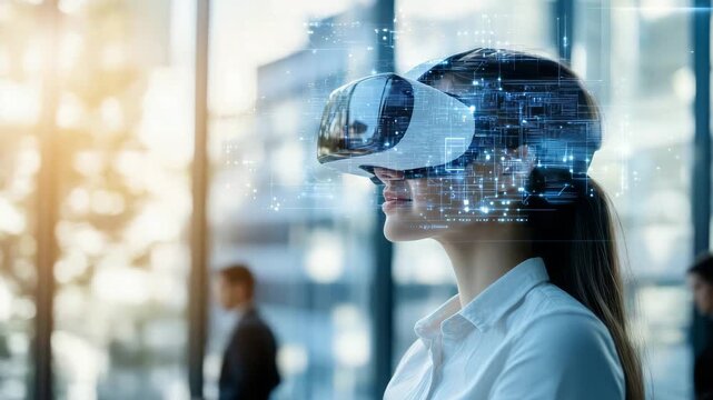 Woman wearing virtual reality headset with digital interface overlay, futuristic technology concept providing immersive experience modern office environment using advanced virtual reality headset - Powered by Adobe