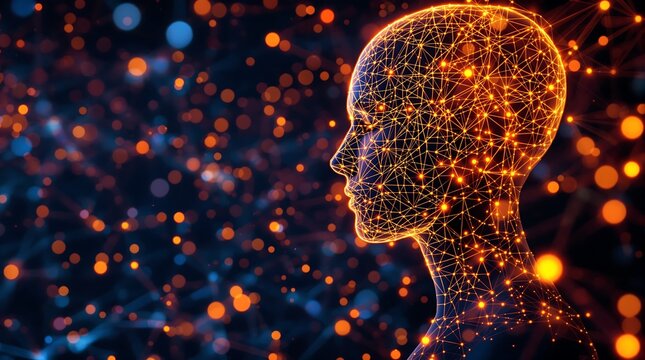 Stunning digital human head silhouette with glowing neural network, perfect for AI concepts