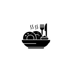 Simple Black and White Food Icon with Plates and Utensils.