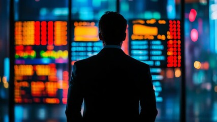 Man suit observing colorful digital stock market board with vibrant lights, business finance investment technology silhouette, focused financial charts and glowing numbers dark office environment - Powered by Adobe