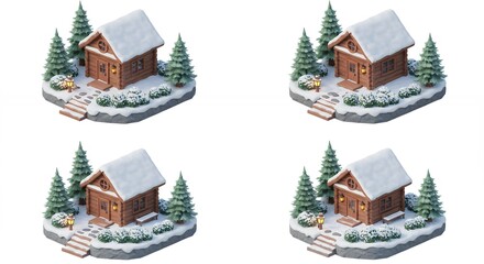 Small wooden houses in snow covered winter scene