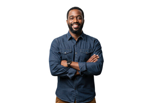 Confident african american man wearing a denim shirt and brown pants, smiling with arms crossed, isolated on transparent background