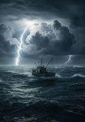 Obraz premium Fishing vessel navigating turbulent waters during a powerful thunderstorm at sea