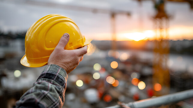 Focused Closeup Yellow Hard Hat Held By Worker Construction Site. Ai Generated Images