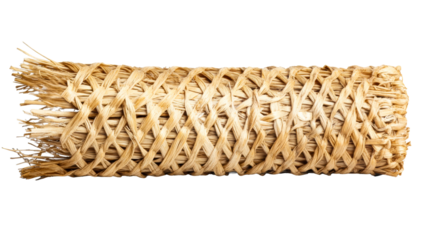 Woven bundle of natural dried plant material with crisscross texture, cut out transparent