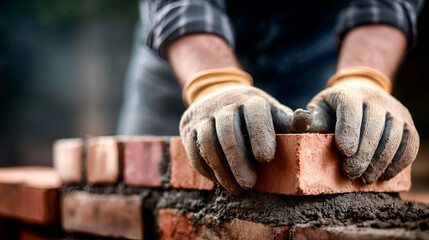 Close-up Professional Masonry Worker Building Brick Wall with Protective Gloves. Ai Generated Images