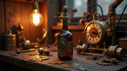 Steampunk inspired bottle with vintage mechanical parts and warm lighting on wood.