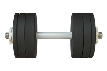 One heavy iron dumbbell isolated on a white background. Collapsible dumbbell for sports training.