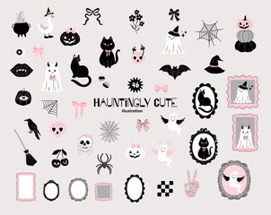 Cute pastel goth halloween clipart illustration featuring hand-drawn vector coquette cameo frames, ghosts, jack-o-lantern, cat, bat, bows and pumpkins.