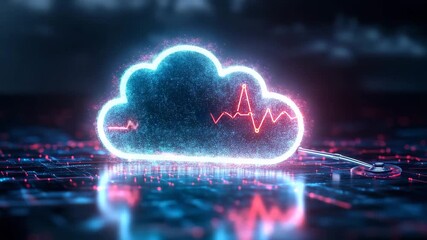 Glowing neon cloud shape with heartbeat line and stethoscope on digital circuit board, futuristic healthcare technology and medical data monitoring with network connection effects - Powered by Adobe