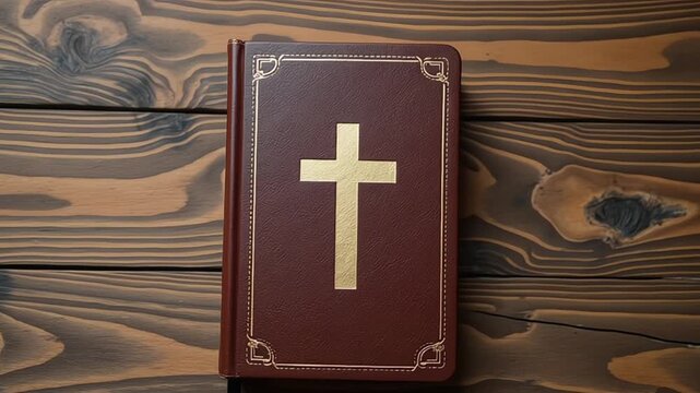 Brown leather bound bible with golden cross on wooden table showcases faith and spirituality