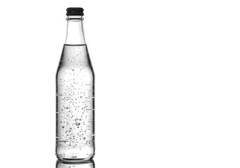 A clear glass bottle filled with sparkling water and bubbles, isolated on a transparent background