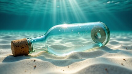 Glass bottle with cork on sandy seabed under sunlit ocean water