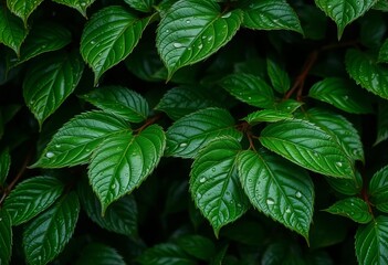 Dark green leaves glistening after a summer rain shower, macro, plant