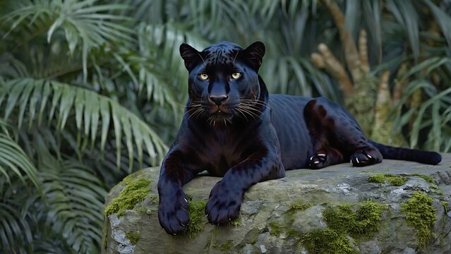 Black panther resting among tropical foliage - Powered by Adobe
