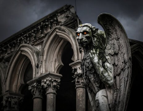 Weathered gargoyle statue with glowing eyes perched atop gothic architecture - Powered by Adobe