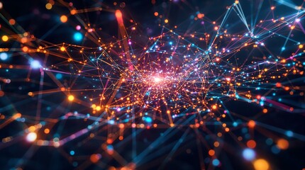 Dynamic network connections and data visualization with vibrant light effects and modern design