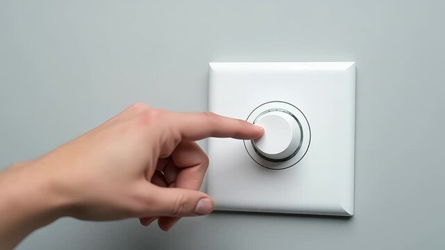 Hand adjusting a modern white dimmer switch on a gray wall for ambient lighting