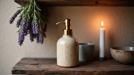 Ceramic soap dispenser with lavender and candle on rustic wooden shelf