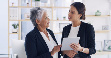 Tablet, team and business women with conversation for finance, budget or mentor training intern. Technology, meeting and idea with manager in office for feedback, investment insight and coaching