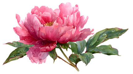 Watercolor painting of a pink peony flower with green leaves for floral design and botanical illustration