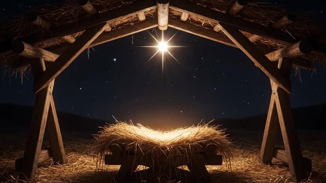Christmas Star over Manger - A bright star shines over a simple wooden manger filled with hay, set against a backdrop of a night sky filled with stars.