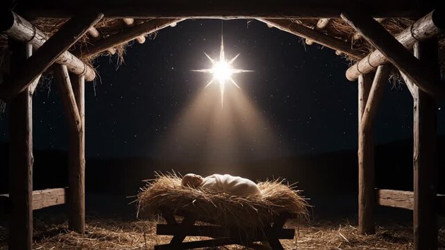 Christmas Star Shines Over Baby Jesus in Manger - A bright star shines down on a baby lying in a manger at night. The scene is peaceful and evokes the traditional Christmas story.
