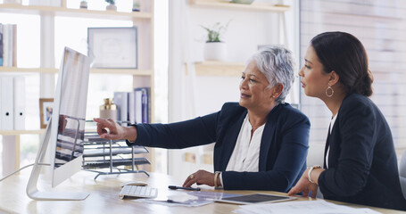 Computer, business women and team planning for accounting, budget or mentor training intern. Screen, meeting and conversation with auditor in office for bookkeeping, investment review or coaching