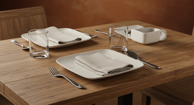 Elegant Table Setting with Plates Napkins Glasses and Cutlery.