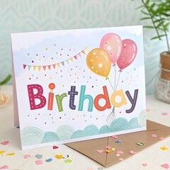 Happy Birthday Card with Cake and Balloons, Festive Celebration Greeting, Party Invitation, Colorful Design